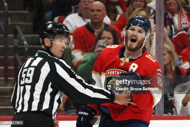 Matthew Tkachuk of the Florida Panthers yells at a Carolina Hurricanes player in Game Three of the Eastern Conference Final of the 2023 Stanley Cup...