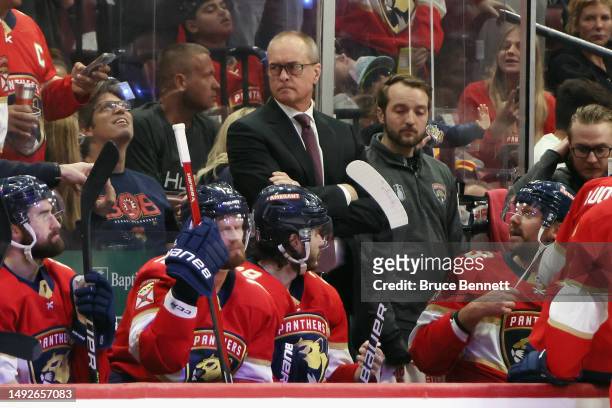 Head coach Paul Maurice of the Florida Panthers handles the bench against the Carolina Hurricanes in Game Three of the Eastern Conference Final of...