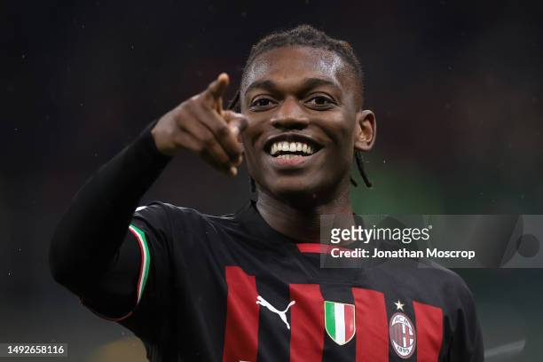 Rafael Leao of AC Milan celebrates after scoring to give the side a 1-0 lead during the Serie A match between AC MIlan and UC Sampdoria at Stadio...
