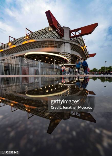 General view of the stadium reflected in a puddle from rainwater, prior to the Serie A match between AC MIlan and UC Sampdoria at Stadio Giuseppe...