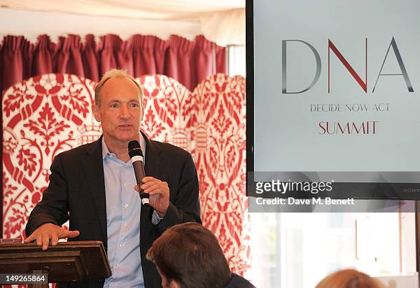 Founder of the World Wide Web Sir Tim Berners-Lee speaks at the DNA Summit Innovation 101 Power Breakfast in the Cholmondeley Room & Terrace at the...