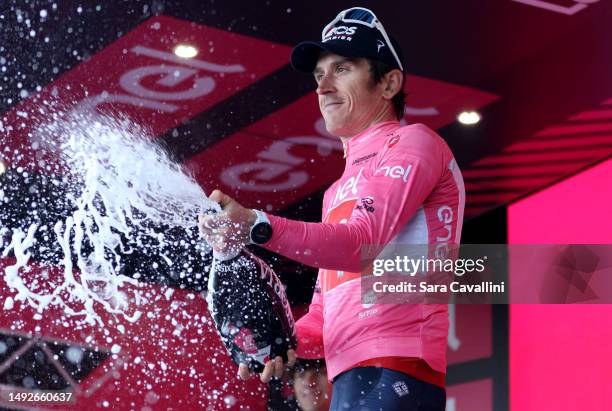 Geraint Thomas of the United Kingdom and Team INEOS Grenadiers and Pink Leader Jersey celebrates at podium during the 106th Giro d'Italia 2023, Stage...