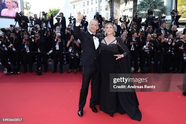 Tom Hanks and Rita Wilson attend the "Asteroid City" red carpet during the 76th annual Cannes film festival at Palais des Festivals on May 23, 2023...