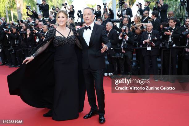 Rita Wilson and Tom Hanks attend the "Asteroid City" red carpet during the 76th annual Cannes film festival at Palais des Festivals on May 23, 2023...