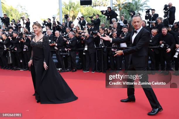 Rita Wilson and Tom Hanks attend the "Asteroid City" red carpet during the 76th annual Cannes film festival at Palais des Festivals on May 23, 2023...