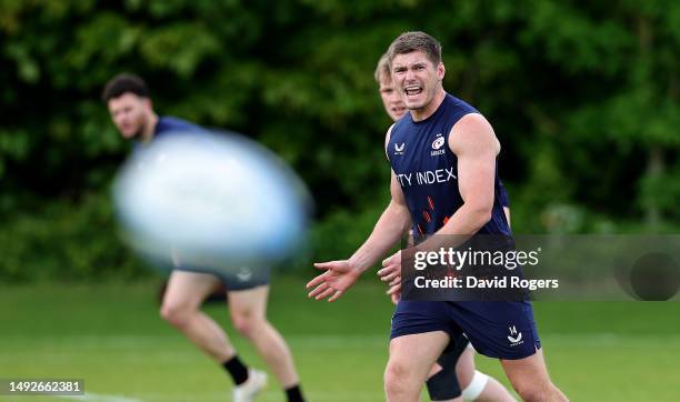 Owen Farrell shouts instructions during the Saracens training session held on May 23, 2023 in St Albans, England.