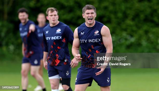 Owen Farrell shouts instructions during the Saracens training session held on May 23, 2023 in St Albans, England.