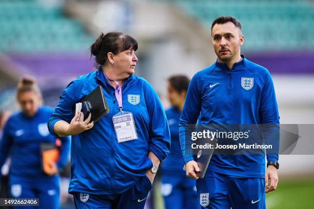 Head coach Mo Marley of England looks on during the UEFA Women's European Under-17 Championship Semi-Final match between Spain and England at...