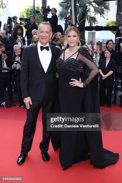 Tom Hanks and Rita Wilson attend the "Asteroid City" red carpet during the 76th annual Cannes film festival at Palais des Festivals on May 23, 2023...