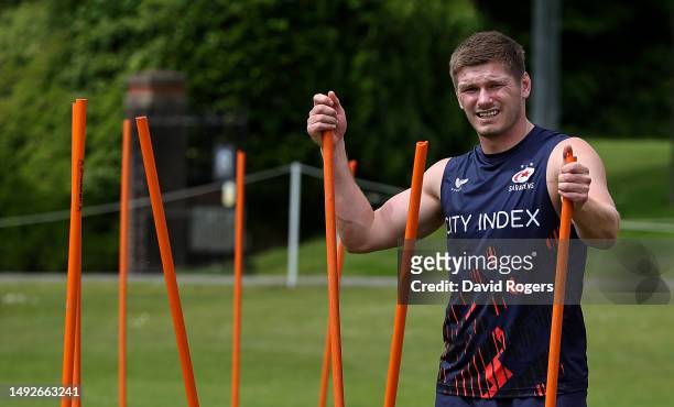 Owen Farrell looks on during the Saracens training session held on May 23, 2023 in St Albans, England.