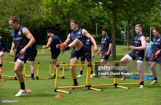 Owen Farrell warms up during the Saracens training session held on May 23, 2023 in St Albans, England.