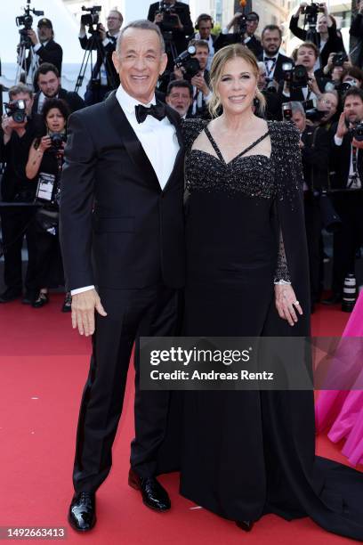 Tom Hanks and Rita Wilson attend the "Asteroid City" red carpet during the 76th annual Cannes film festival at Palais des Festivals on May 23, 2023...