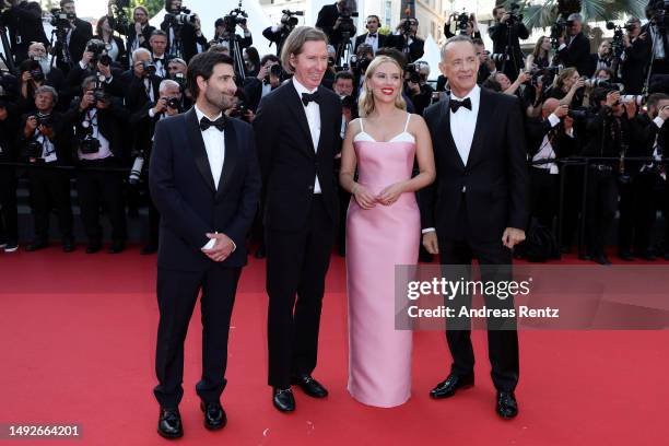 Jason Schwartzman, Wes Anderson, Scarlett Johansson and Tom Hanks attend the "Asteroid City" red carpet during the 76th annual Cannes film festival...