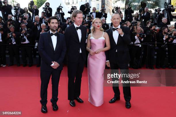 Jason Schwartzman, Wes Anderson, Scarlett Johansson and Tom Hanks attend the "Asteroid City" red carpet during the 76th annual Cannes film festival...
