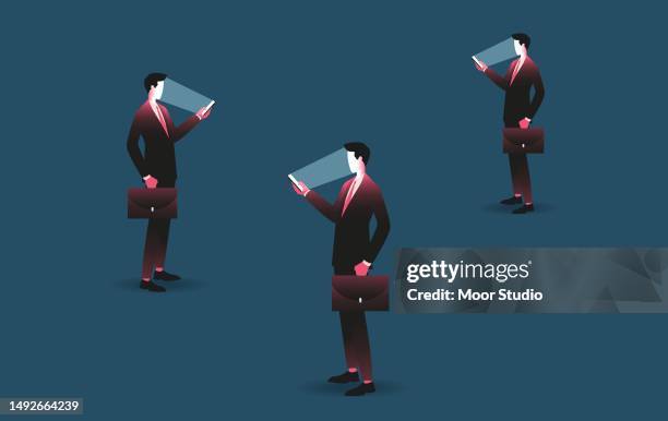 men in suits staring at their phones vector illustration - staring at screen stock illustrations