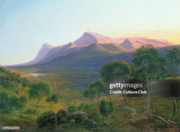 Aborigines by a Fire before Mount William as seen from Mount Dryden in the Grampians, Victoria, 1892