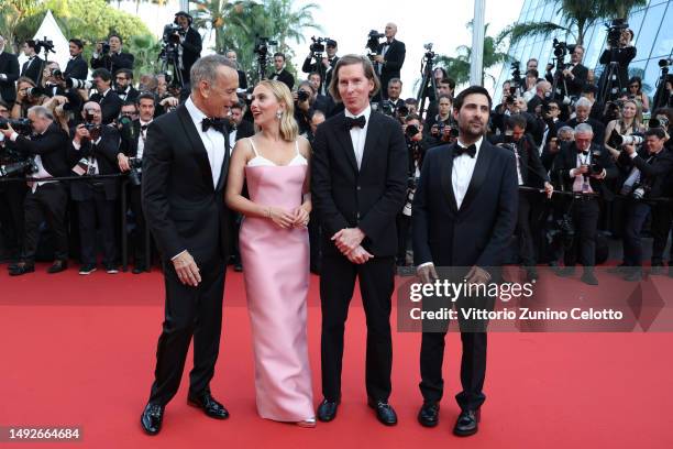 Tom Hanks, Scarlett Johansson, Wes Anderson and Jason Schwartzman attend the "Asteroid City" red carpet during the 76th annual Cannes film festival...