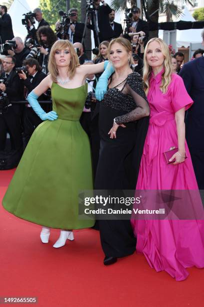 Maya Hawke, Rita Wilson and Hope Davis attend the "Asteroid City" red carpet during the 76th annual Cannes film festival at Palais des Festivals on...