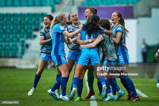 Team England celebrates as Katie Reid of England scores a 1st goal for her team during the UEFA Women's European Under-17 Championship Semi-Final...