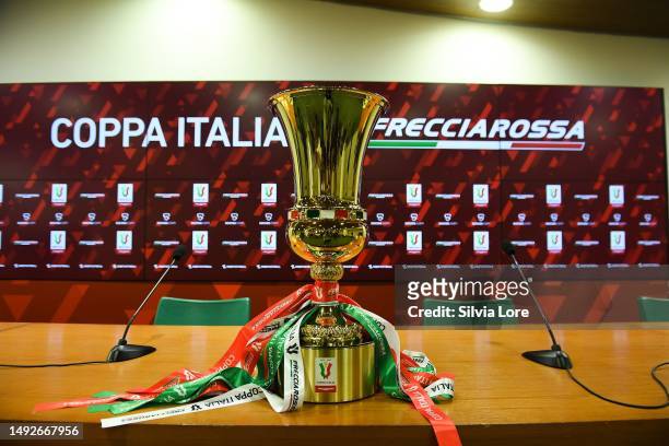 The Coppa Italia Trophy during the press conference to present the Final Coppa Italia match between ACF Fiorentina and FC Inter at Stadio Olimpico on...