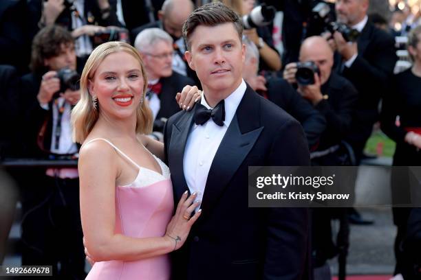 Scarlett Johansson and Colin Jost attend the "Asteroid City" red carpet during the 76th annual Cannes film festival at Palais des Festivals on May...