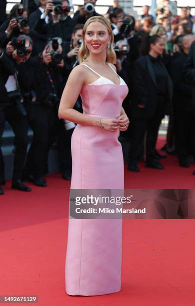 Scarlett Johansson attends the "Asteroid City" red carpet during the 76th annual Cannes film festival at Palais des Festivals on May 23, 2023 in...