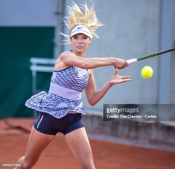 Katie Boulter of Great Britain in action against Nuria Brancaccio of Italy on Court Eight during qualification round one at the 2023 French Open...