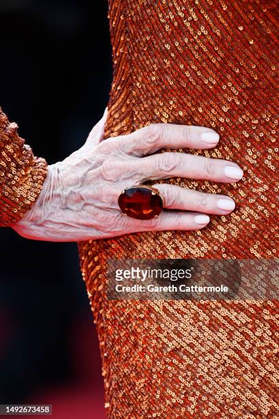 Maye Musk, fashion detail, attends the "Asteroid City" red carpet during the 76th annual Cannes film festival at Palais des Festivals on May 23, 2023...