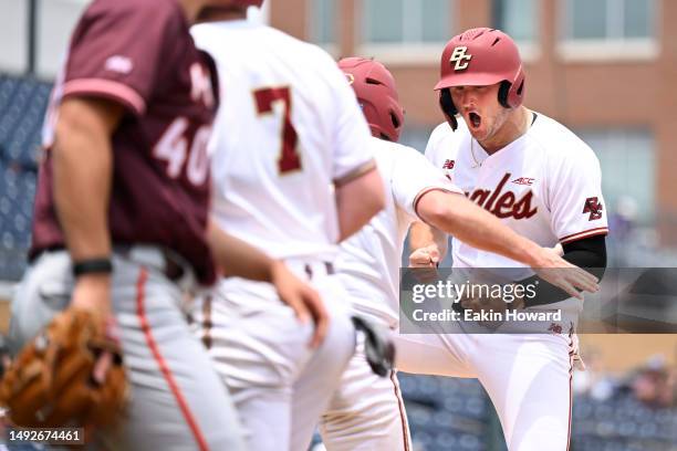 Joe Vetrano of the Boston College Eagles celebrates crossing home plate against the Virginia Tech Hokies in the sixth inning during the ACC Baseball...