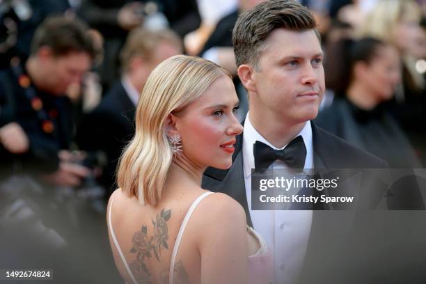 Scarlett Johansson and Colin Jost attend the "Asteroid City" red carpet during the 76th annual Cannes film festival at Palais des Festivals on May...