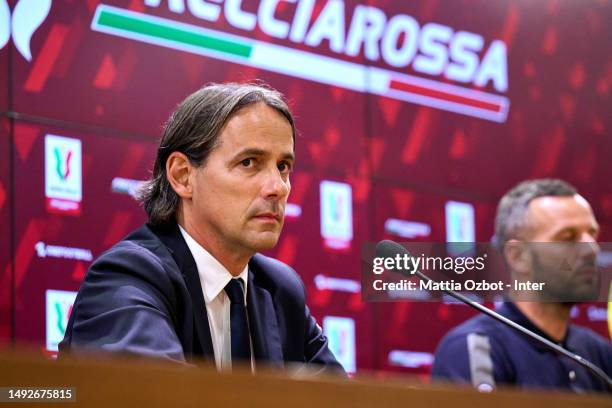 Head Coach Simone Inzaghi of FC Internazionale speaks with the media during the press conference to present the Coppa Italia Final Match between ACF...