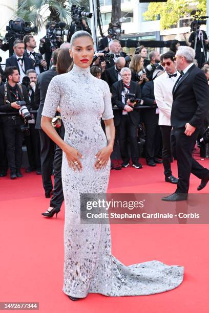 Tina Kunakey attends the "Asteroid City" red carpet during the 76th annual Cannes film festival at Palais des Festivals on May 23, 2023 in Cannes,...