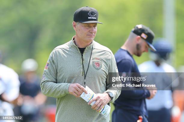 Head coach Matt Eberflus of the Chicago Bears looks on during OTAs at Halas Hall on May 23, 2023 in Lake Forest, Illinois.