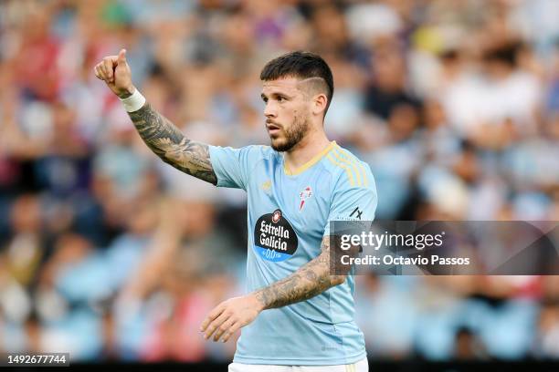 Carles Perez of RC Celta celebrates after scoring the team's first goal during the LaLiga Santander match between RC Celta and Girona FC at Estadio...