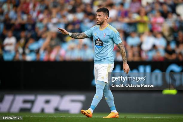 Carles Perez of RC Celta celebrates after scores his sides first goal during the LaLiga Santander match between RC Celta and Girona FC at Estadio...