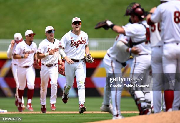 The Boston College Eagles celebrate their win over the Virginia Tech Hokies during the ACC Baseball Championship at Durham Bulls Athletic Park on May...