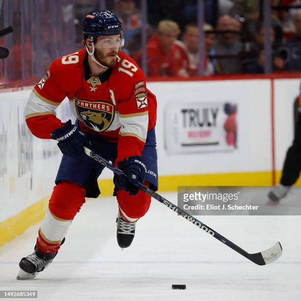 Matthew Tkachuk of the Florida Panthers skates with the puck against the Carolina Hurricanes in Game Three of the Eastern Conference Final of the...