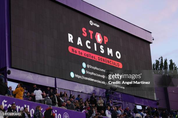 The LED board displays a message against racism prior to the LaLiga Santander match between Real Valladolid CF and FC Barcelona at Estadio Municipal...