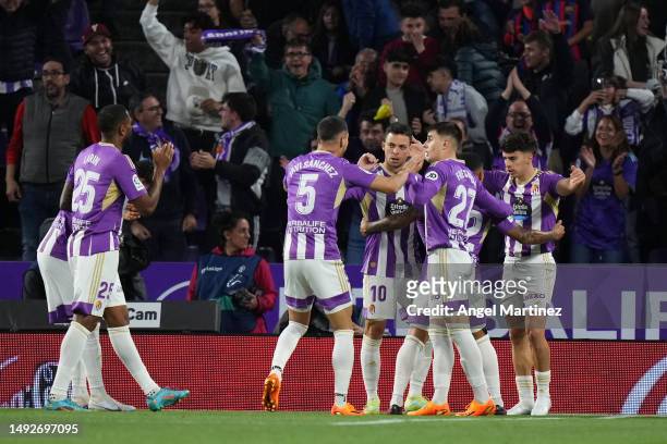 Players of Real Valladolid CF celebrate after Andreas Christensen of FC Barcelona scored an own goal to make it the first goal for Real Valladolid CF...