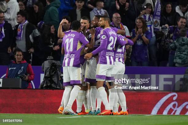 Players of Real Valladolid CF celebrate after Andreas Christensen of FC Barcelona scored an own goal to make it the first goal for Real Valladolid CF...