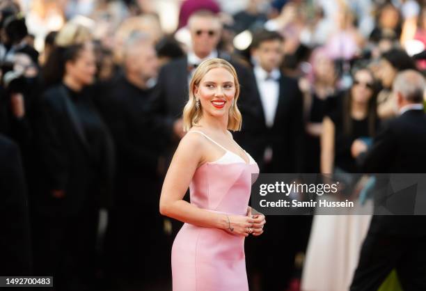 Scarlett Johansson attends the "Asteroid City" red carpet during the 76th annual Cannes film festival at Palais des Festivals on May 23, 2023 in...