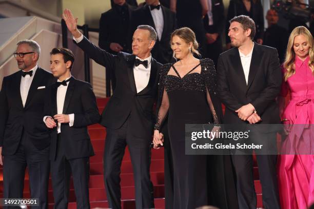 Steve Carell, Jake Ryan, Tom Hanks, Rita Wilson, Damien Bonnard and Hope Davis depart the "Asteroid City" red carpet during the 76th annual Cannes...