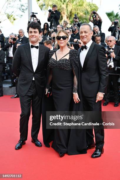 Truman Hanks, Rita Wilson and Tom Hanks attend the "Asteroid City" red carpet during the 76th annual Cannes film festival at Palais des Festivals on...