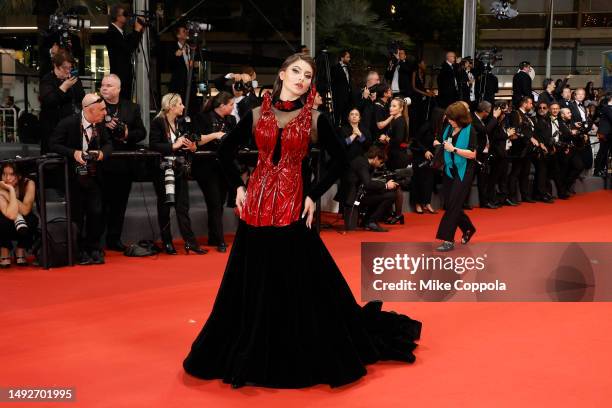 Urvashi Rautela attends the "Rapito " red carpet during the 76th annual Cannes film festival at Palais des Festivals on May 23, 2023 in Cannes,...