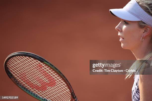 Katie Boulter of Great Britain in action against Nuria Brancaccio of Italy on Court Eight during qualification round one at the 2023 French Open...