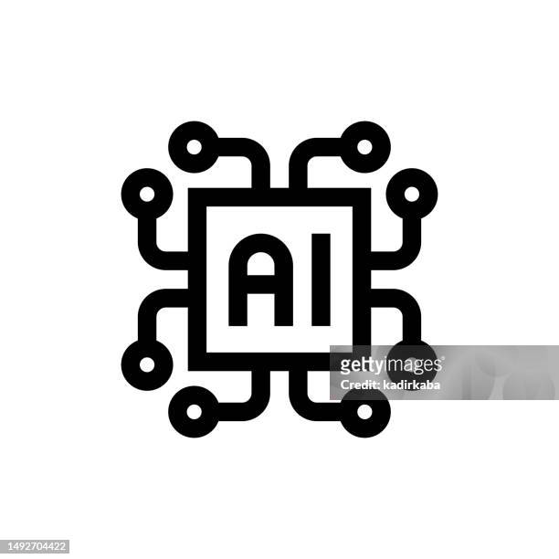 artificial intelligence line icon, design, pixel perfect, editable stroke. logo, sign, symbol. machine learning, cyborg, automated, futuristic, innovation, deep learning, machinery. - processor stock illustrations