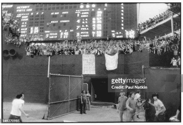 View from the field of the cheering crowd during an anti-disco promotion at Comiskey Park, Chicago, Illinois, July 12, 1979. The event, held between...