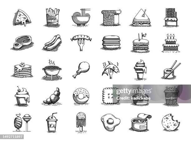 fast-food-handgezeichnete vektor-gekritzel-linien-icon-set - apple pie stock-grafiken, -clipart, -cartoons und -symbole