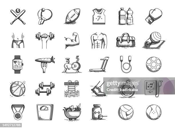 ilustraciones, imágenes clip art, dibujos animados e iconos de stock de fitness y deportes conjunto de iconos de línea de garabatos vectoriales dibujados a mano - tracker-icon-vector