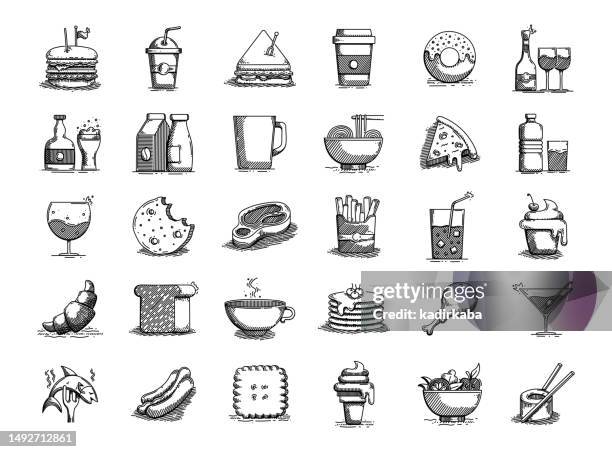 food and drink hand drawn vector doodle line icon set - croissant vector stock illustrations